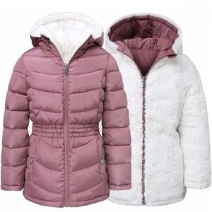 Steve Madden Girls Reversible Pink Puffer Jacket Faux Fur Hood Size Small (7/8).